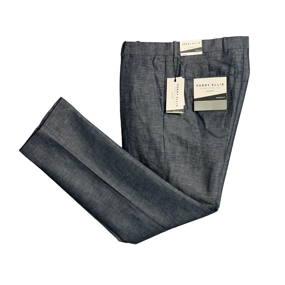 Perry Ellis Portfolio Pants Men's 32"x32" Modern Fit Linen Blend Blueprint NEW